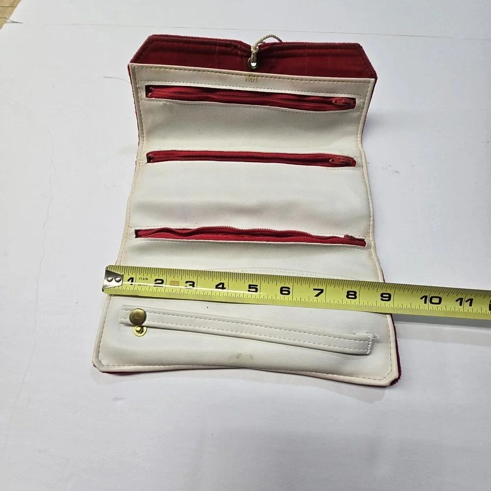 Vintage 80s Rolfs Red Velvet Leather? Womens Travel Jewelry Case Roll Up Folding